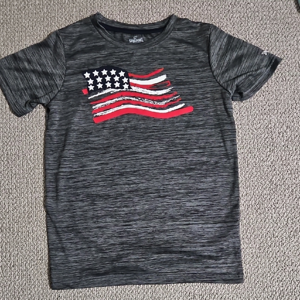 Spalding Gray and Red Short Sleeve Tee with Flag Design 10/12